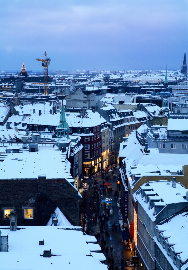 An aerial view of Strøget and the snow capped roofs of Copenhagen