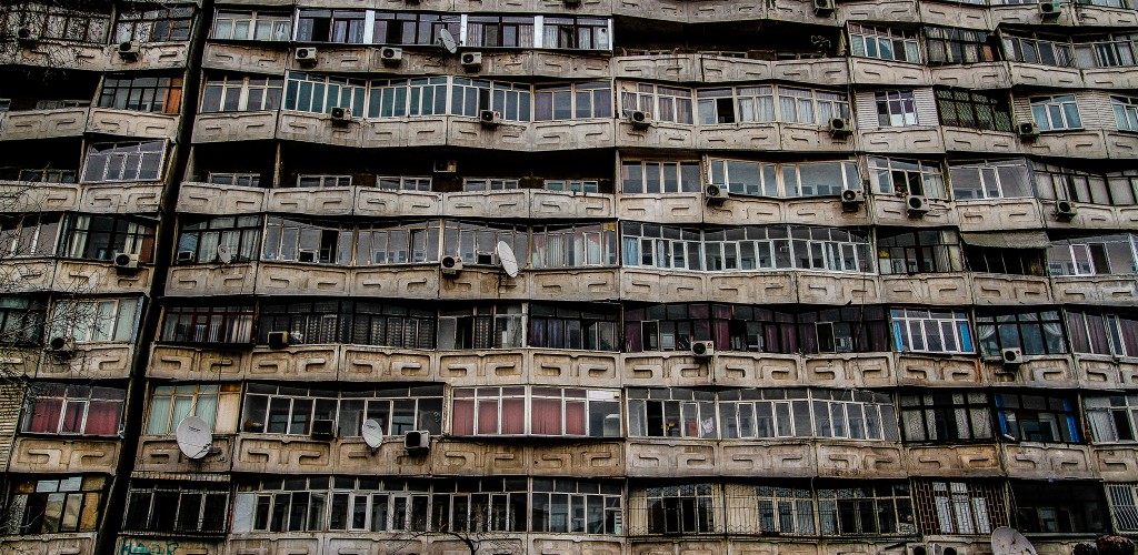 Drab and dingy apartment blocks in Bishkek, the Kyrgyzstan capital