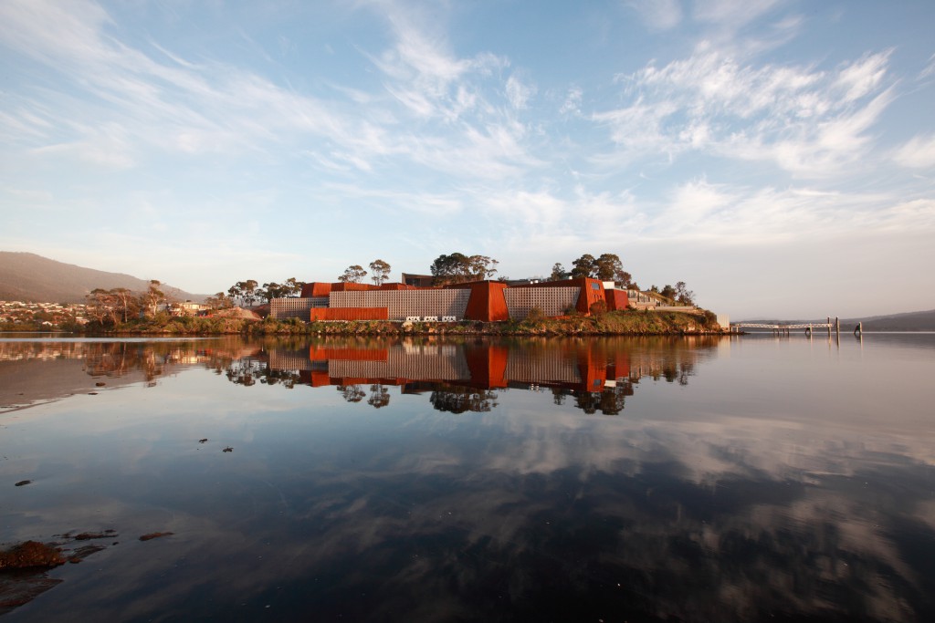 MONA Museum of Old and New Art. Southern facade viewed from Little Frying Pan Island, south of the museum. Photo credit: MONA/Leigh Carmichael. Image courtesy of MONA Museum of Old and New Art, Hobart, Tasmania, Australia