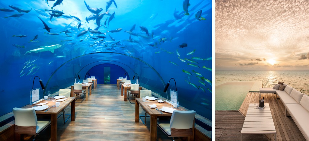 Innovative Hotel Design: Dine as the mermaids do – Ithaa restaurant at Conrad Maldives. Right, unparalleled accommodation experiences across neighbouring islands. 