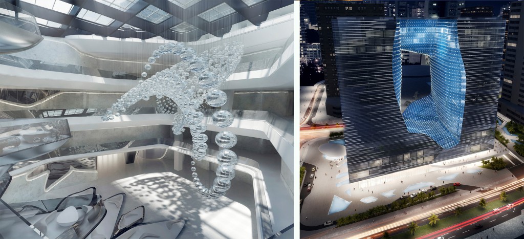 Innovative Hotel Design: The Crest, a sleek bridge-come-water feature will take pride of place at ME Dubai. On the right, the shimmering exterior of the Opus Building that will house ME Dubai in 2016. 