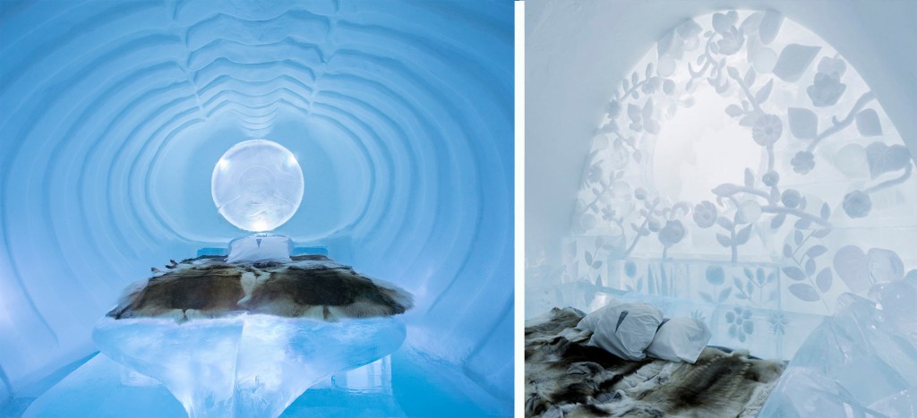 Innovative Hotel Design: Ice is the sculptural medium and rooms manage to capture both austerity and luxury. Artists and construction staff must re-build the Ice Hotel in Sweden every winter.