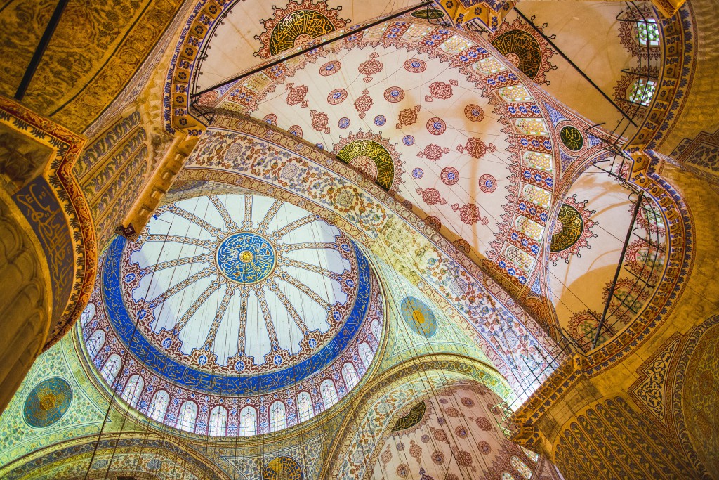 The intricate tiles lining the ceiling of the Sultan Ahmed Mosque, or Blue Mosque, built over seven years in the 1600s. Sultanahmet , Istanbul.