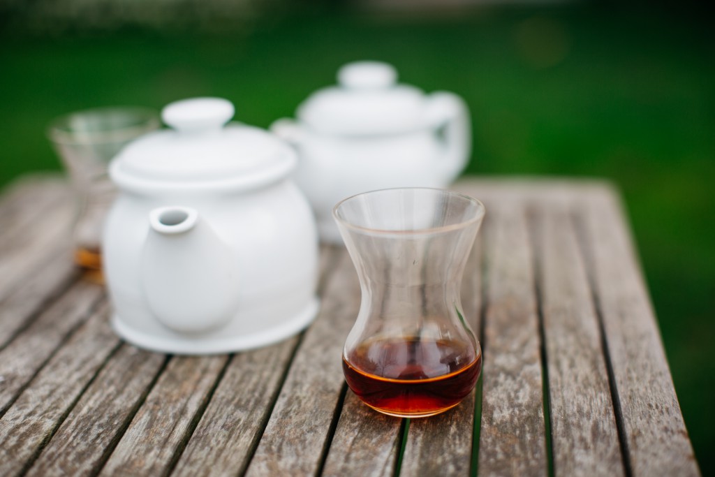 A typical Turkish tea set graces a table at Sumahan on the Water, on the Asian side of the Bosphorus, Istanbul.