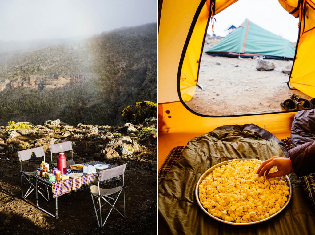 Foldable camp chairs and a lightweight table made the trek up the mountain too. Despite the chilly air on Kilimanjaro, lunch alfresco was impossible to resist.