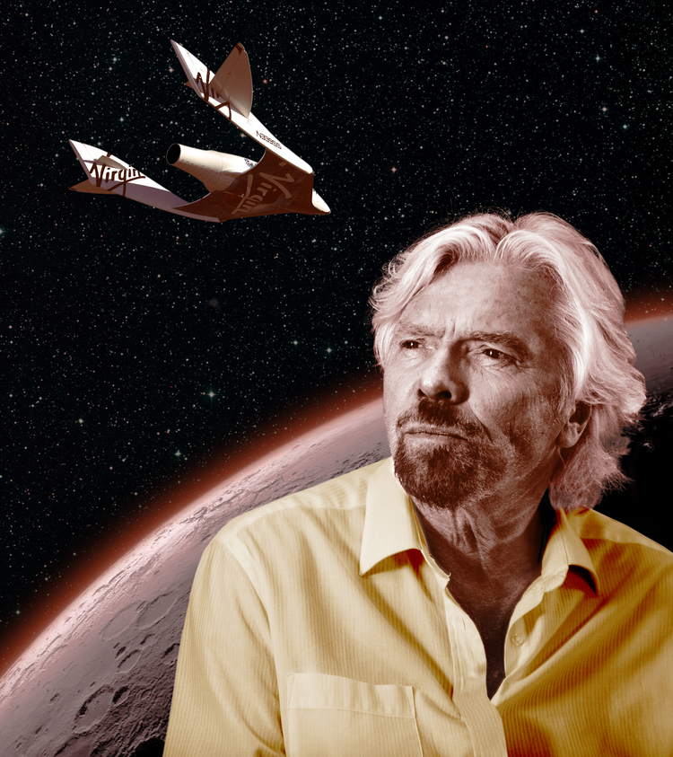 Richard Branson staring into the distance backing a spacecraft flying towards a globe graphic