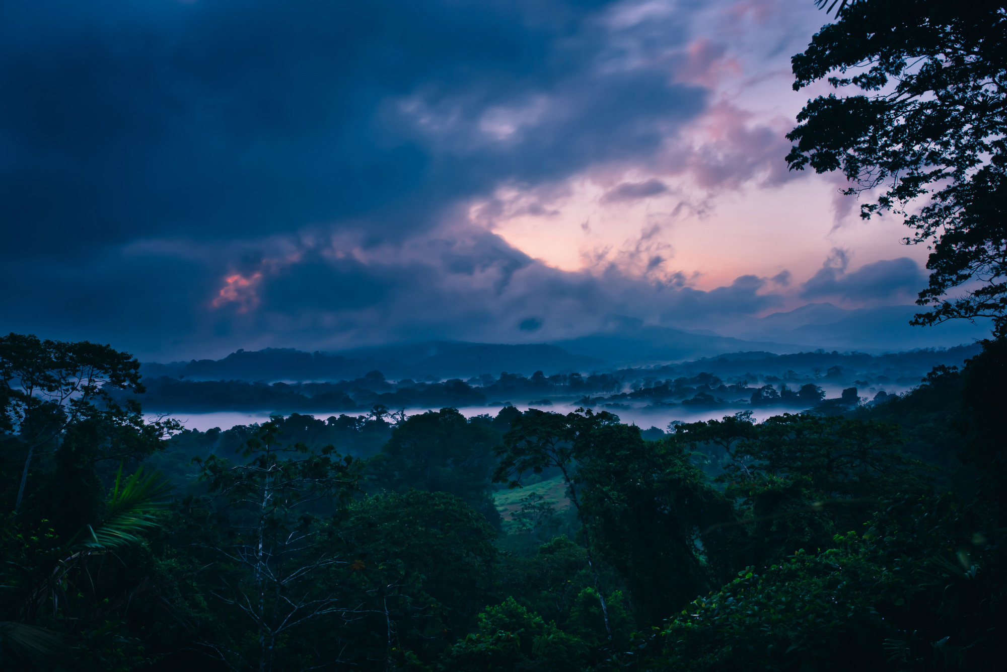 A night shot of the Costa Rican landscape with looming clouds