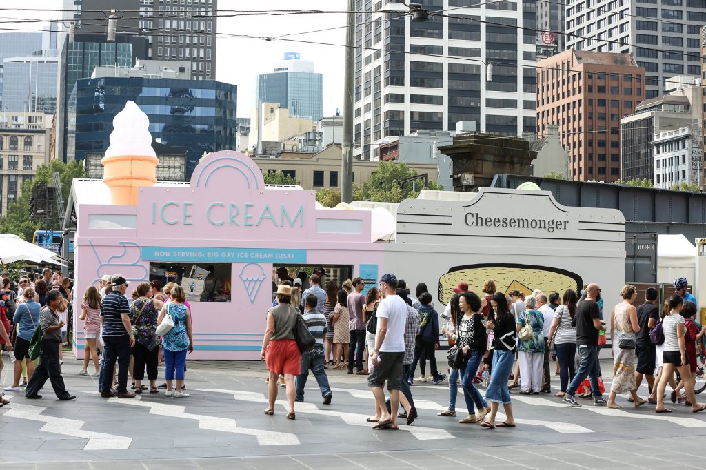 Crowd by the ice cream and cheesemonger stalls at the Melbourne food festival