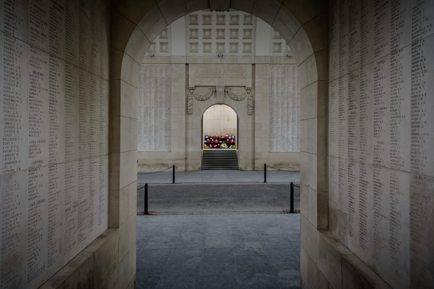 A view of the interior of the Menin Gate with the names of fallen soldiers inscribed on the walls, Ypres, Belgium