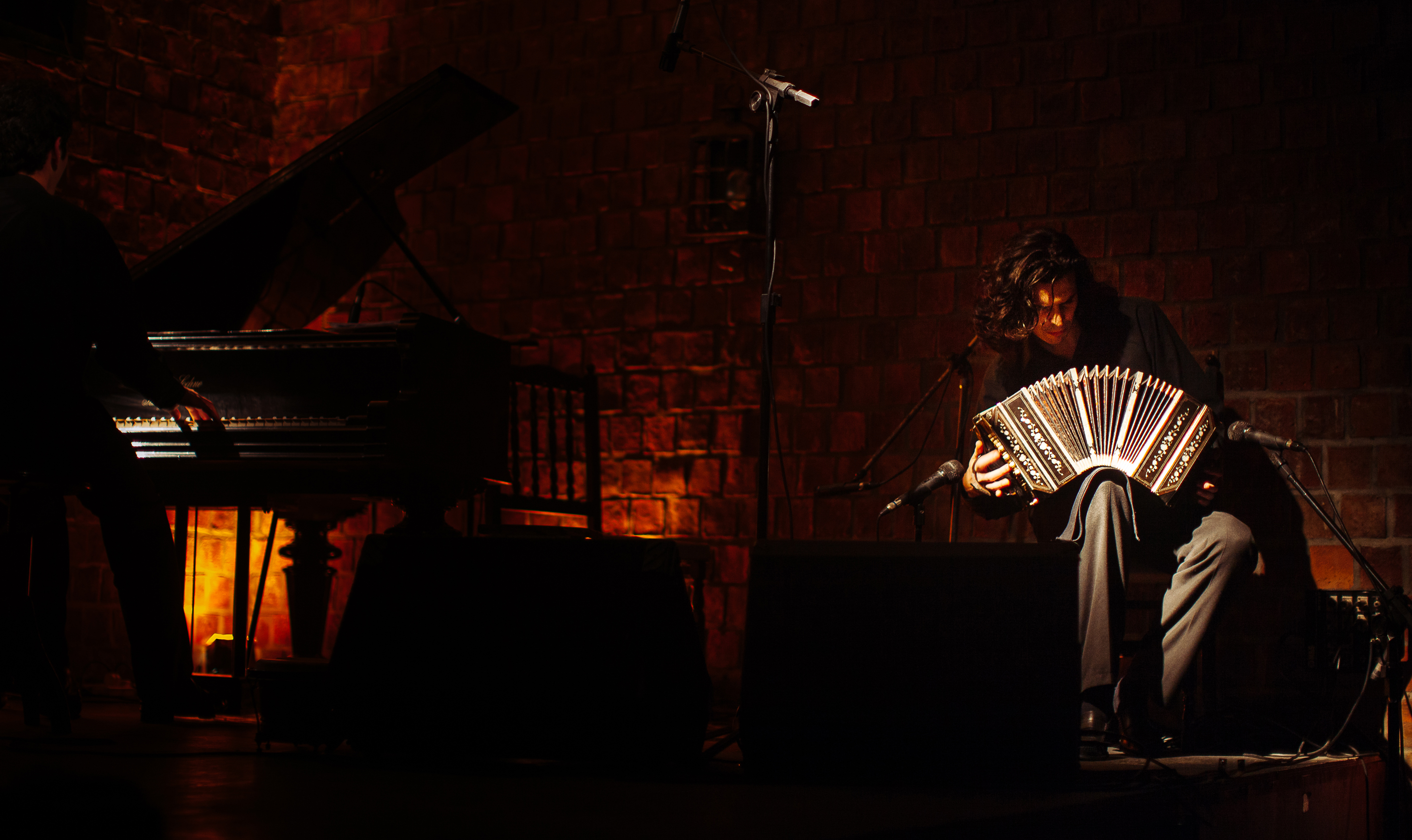 A beam of light illuminates the bandoneon and bandoneonista during a performance 