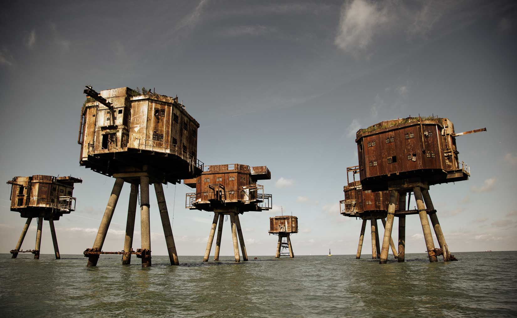 Triffid-like wooden circular forts in the sea at Maunsell , UK