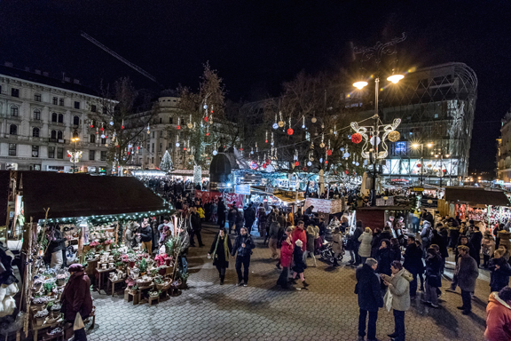The Christmas Fair Market lights up at night. 