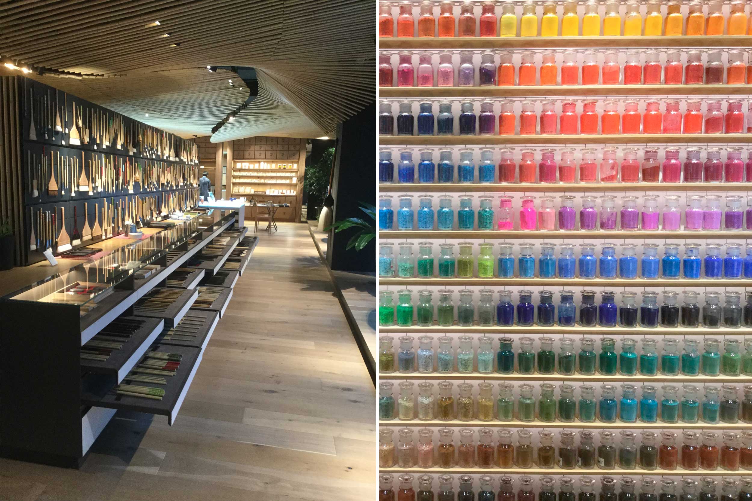Collage of the linear interior of a paint shop and shelves lined with brightly coloured pigments