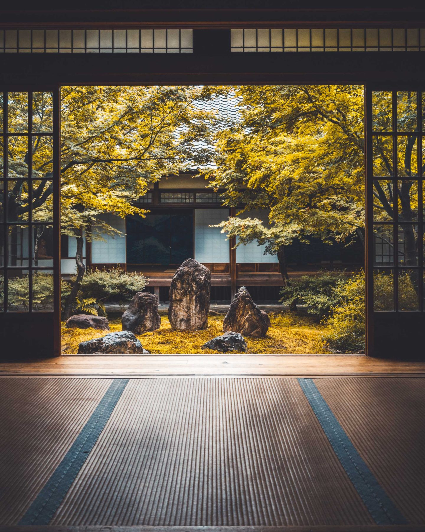 Looking out through open lattice doors to a calm and peaceful Japanese garden from a room lined with mats, Osaka