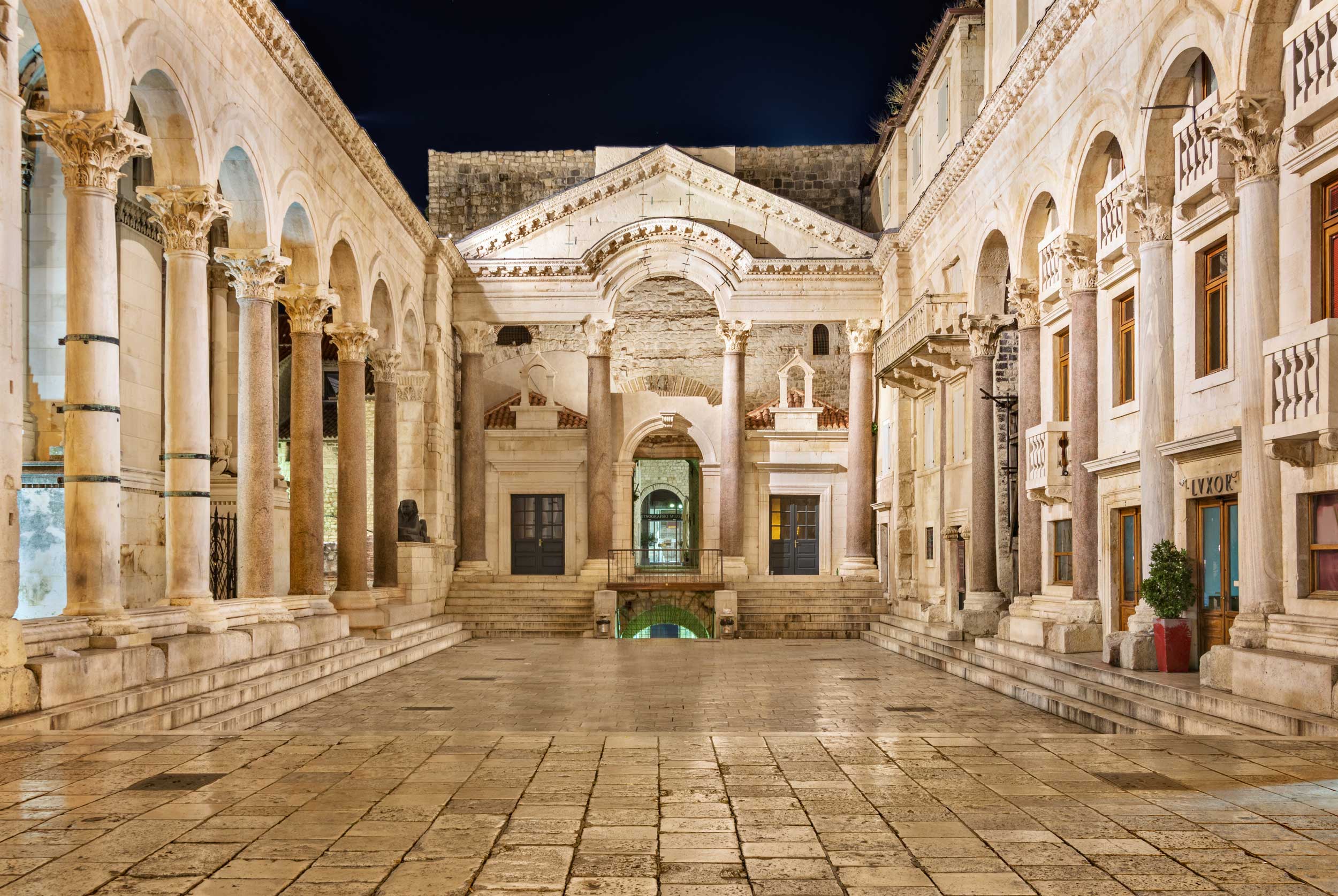 A rectilinear space flanked by columns leading to a palace's entrance, Split, Croatia
