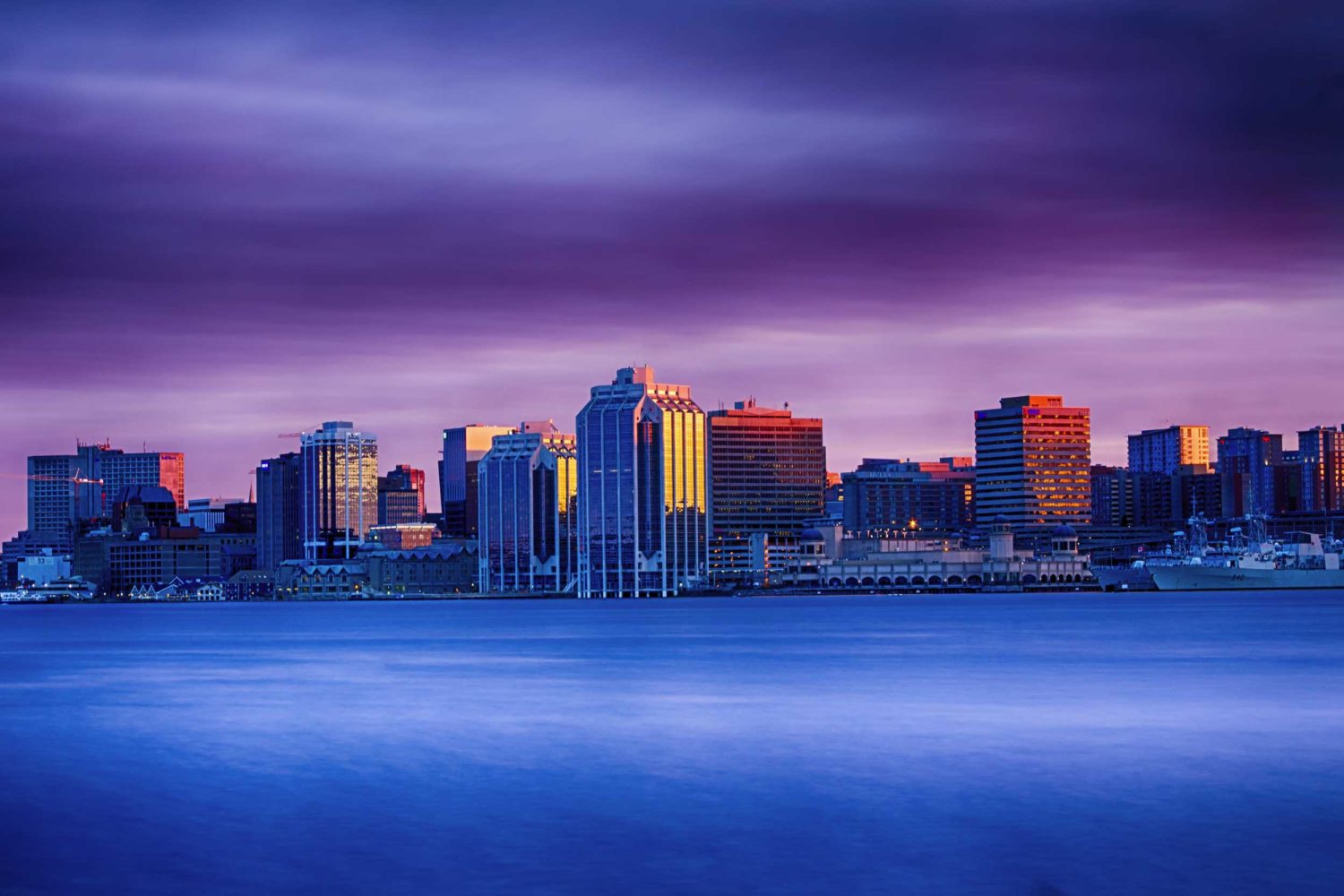Long view across water of high-rise buildings, Halifax
