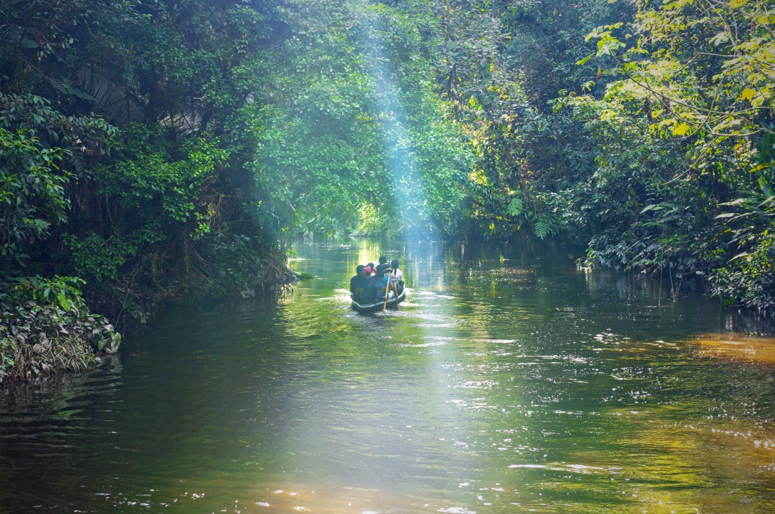A canoe with people sailing down a river in the jungle, Yasuni, Ecuador