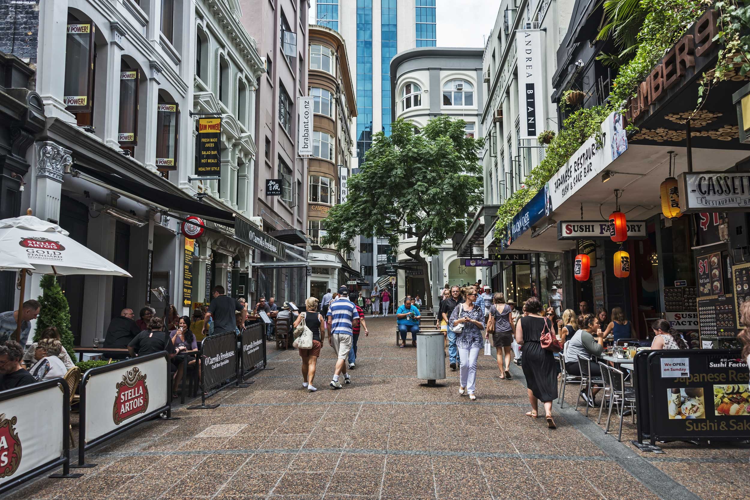 A lane with shops, bars and cafes in Auckland