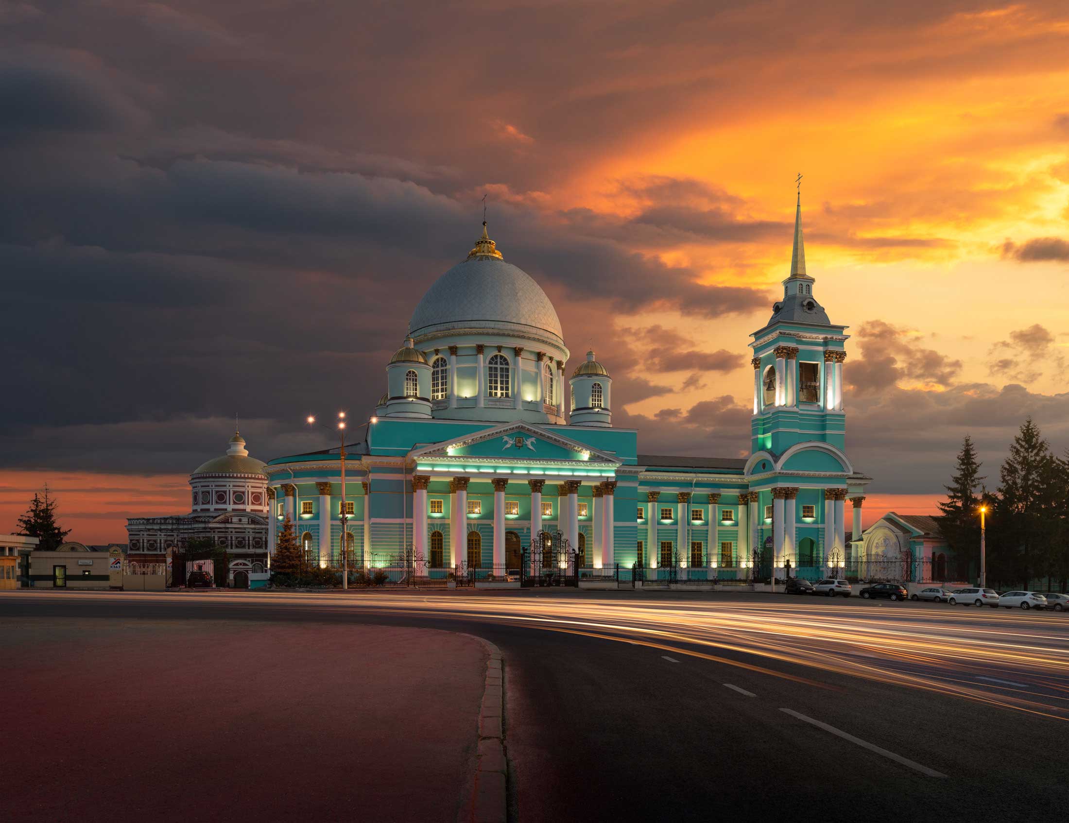 A green, domed cathedral at night, Kursk, Russia