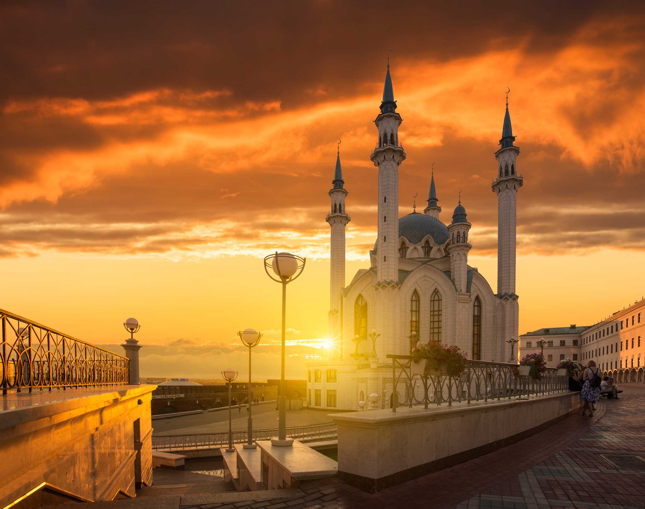 Ancient mosque with the setting sun behind it, Kazan