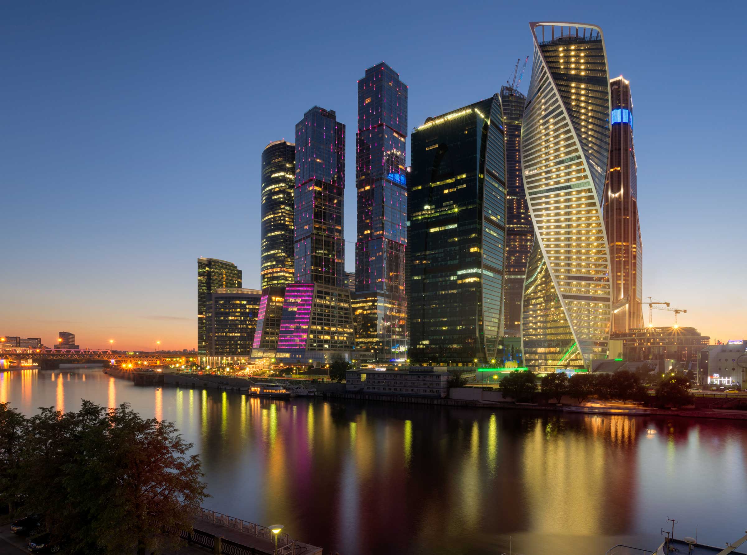 Modern skyscrapers outlined against the night sky, Moscow, Russia